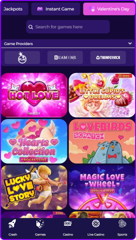 Valentine's Day casino games at Crashino