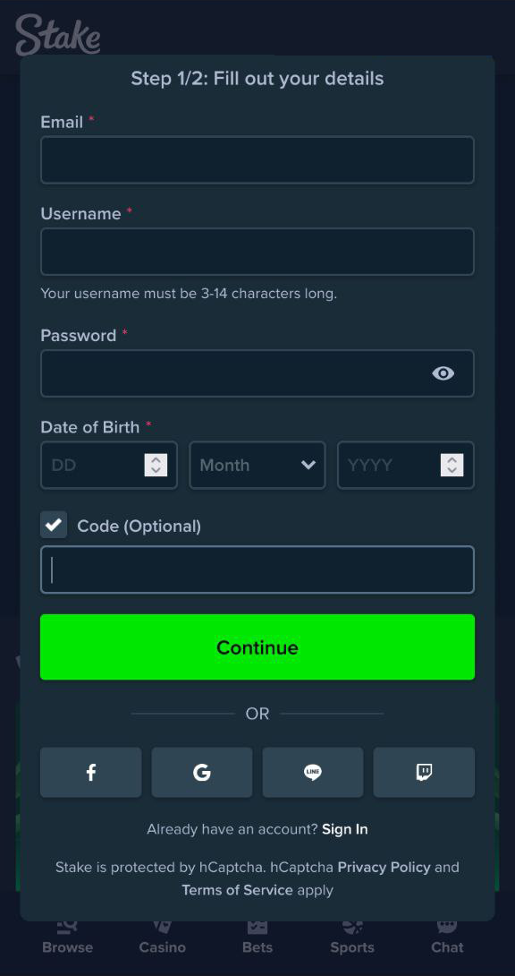 stake casino sign up process step 1