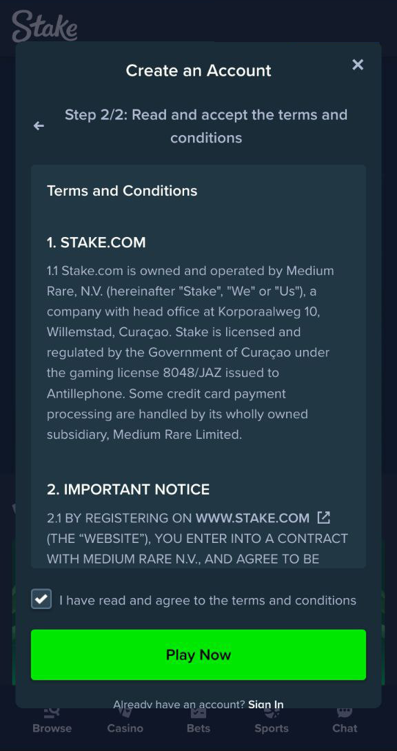 stake casino sign up terms and conditions