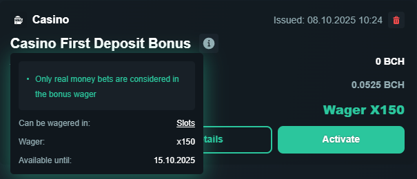 Vave bonus info screenshot