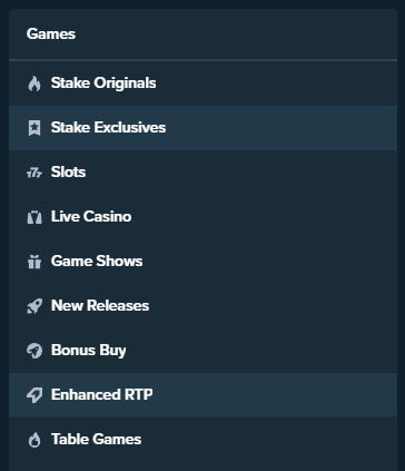 Stake.com Game menu