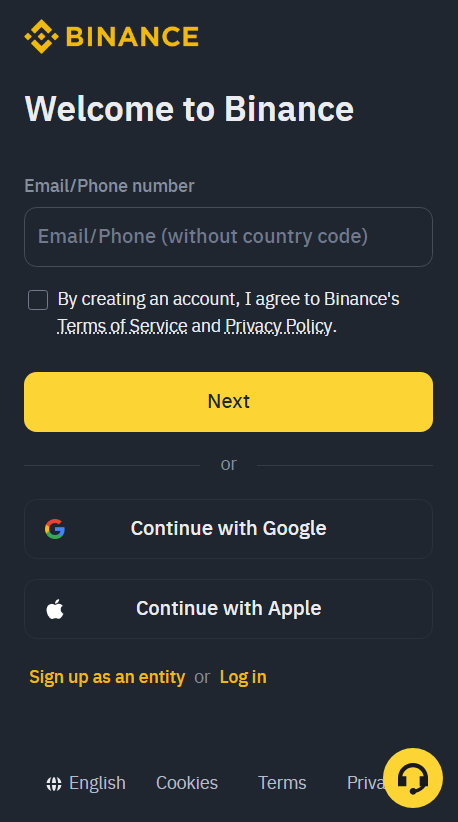 picture displaying Binance's registration process