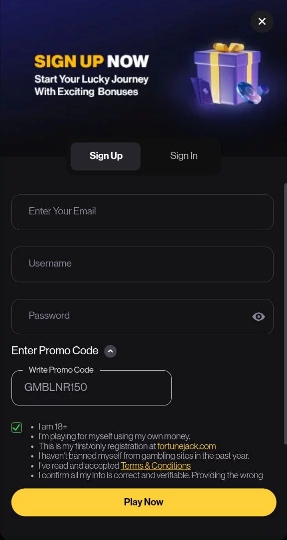 fortunejack signup page